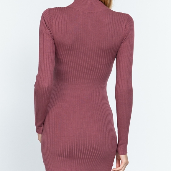 Dark Mauve Sweater Ribbed Fitted Long Sleeves Dress - Picture 4 of 7
